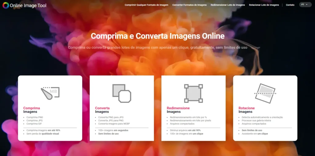 Painel do Online Image Tool com ferramentas para otimizar imagens: comprimir, converter, redimensionar e rotacionar.