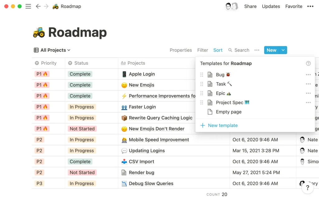 Tela do Notion mostrando um quadro Kanban com diversos cartões em diferentes colunas, representando diferentes etapas de um projeto.