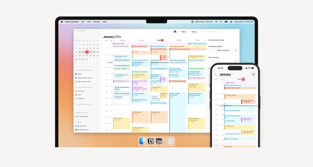 Tela do Notion mostrando um calendário mensal com eventos, tarefas e notas em cores vibrantes.