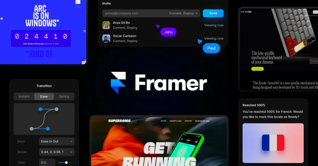 Interface do Framer mostrando recursos de design e prototipagem para landing pages no-code.