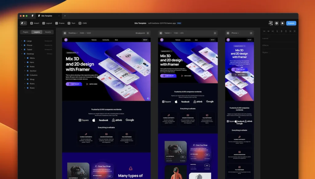 Layout de landing pages no Framer, com visualização responsiva para desktop, tablet e celular.
