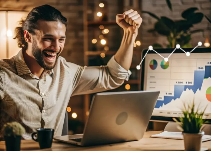 Homem sorrindo em frente a um notebook, comemorando resultados positivos de tráfego pago.