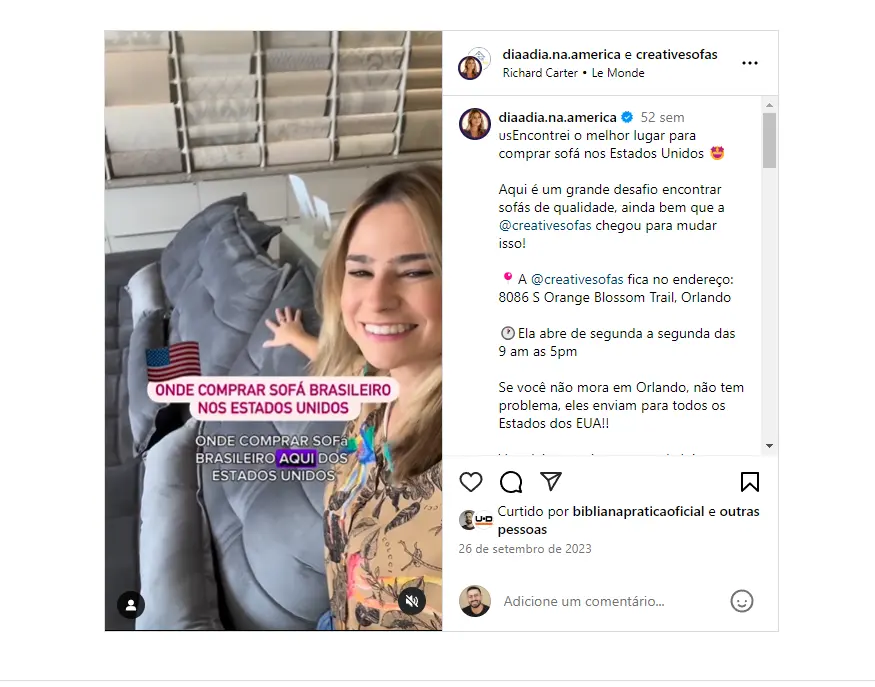 @diaadia.na.america destacando sofás da Creative Sofas em vídeo no Instagram