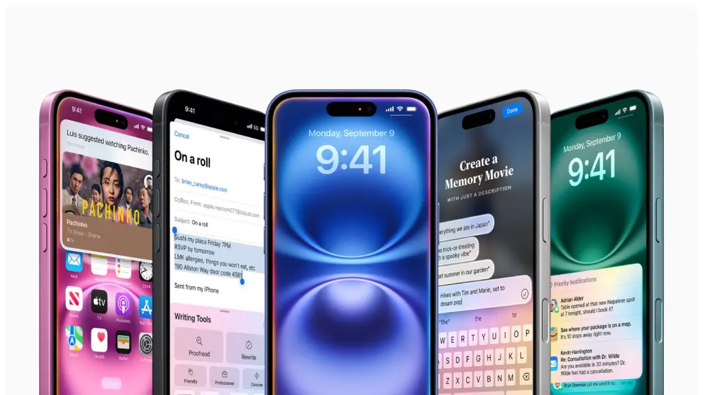 iPhones com diferentes telas do iOS 18.1, incluindo Apple Intelligence.