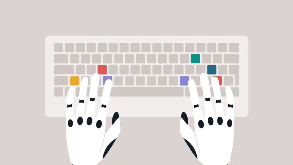 Ilustração de um robô digitando em um teclado, simbolizando o JARVIS.