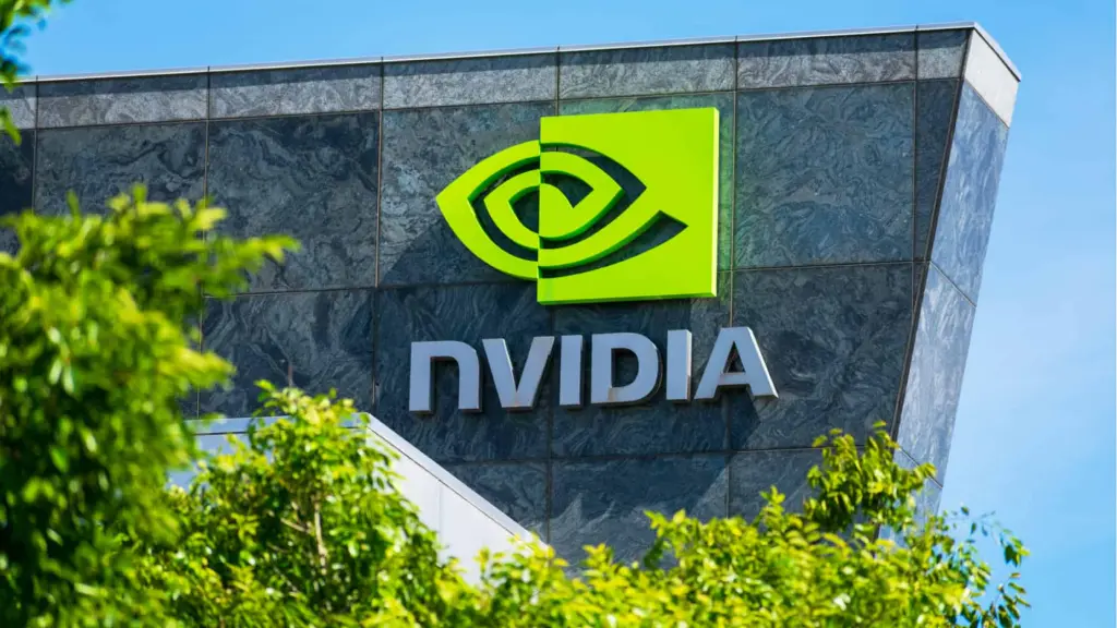 Logo da NVIDIA no prédio, destacando o lançamento de sua IA generativa.