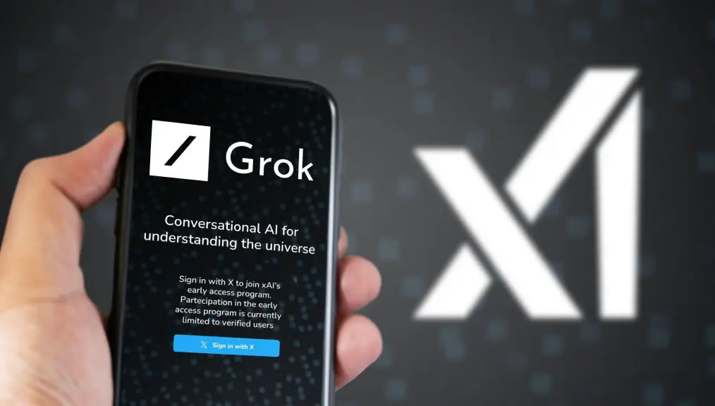 Logo do Grok AI exibida em um smartphone, destacando a nova tecnologia de chatbot.