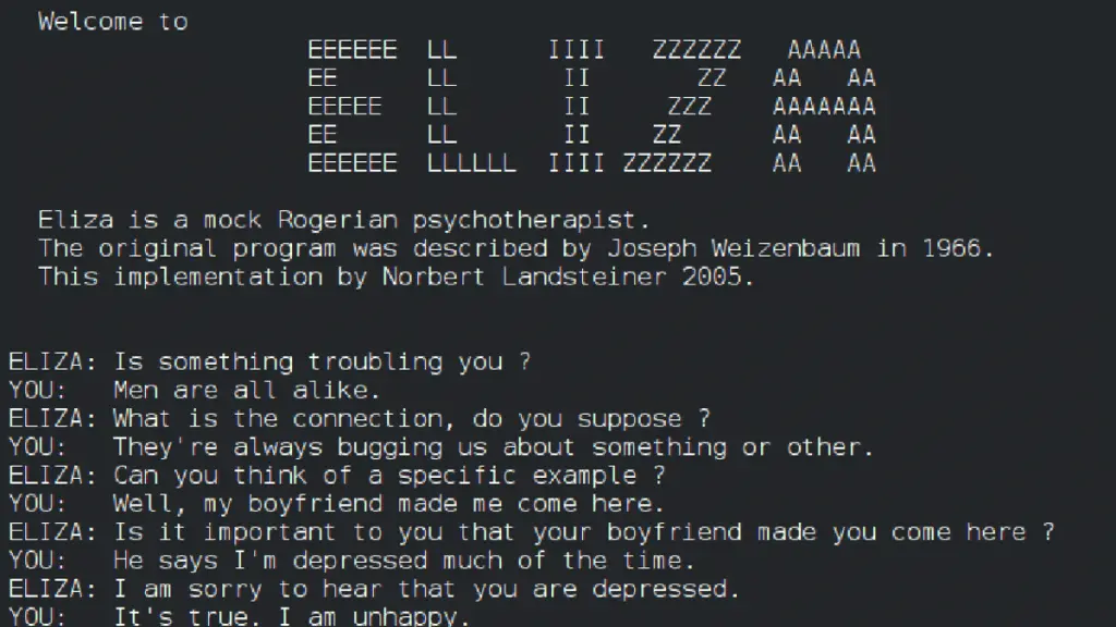 Interface original do ELIZA, o primeiro chatbot da história.
