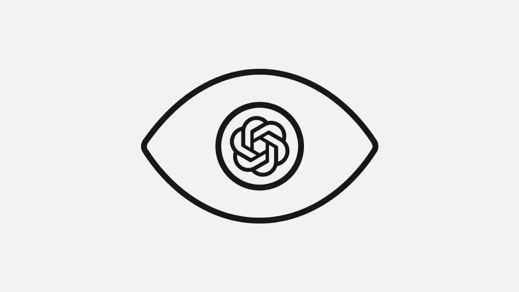 Logo da OpenAI combinada com uma ilustração de olho, destacando recursos de visão.