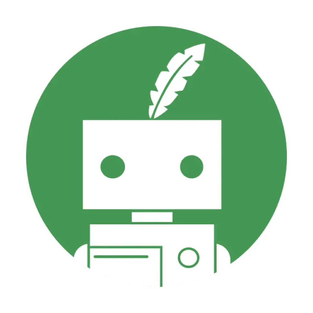 Logotipo do QuillBot com um robô verde e uma pena como destaque