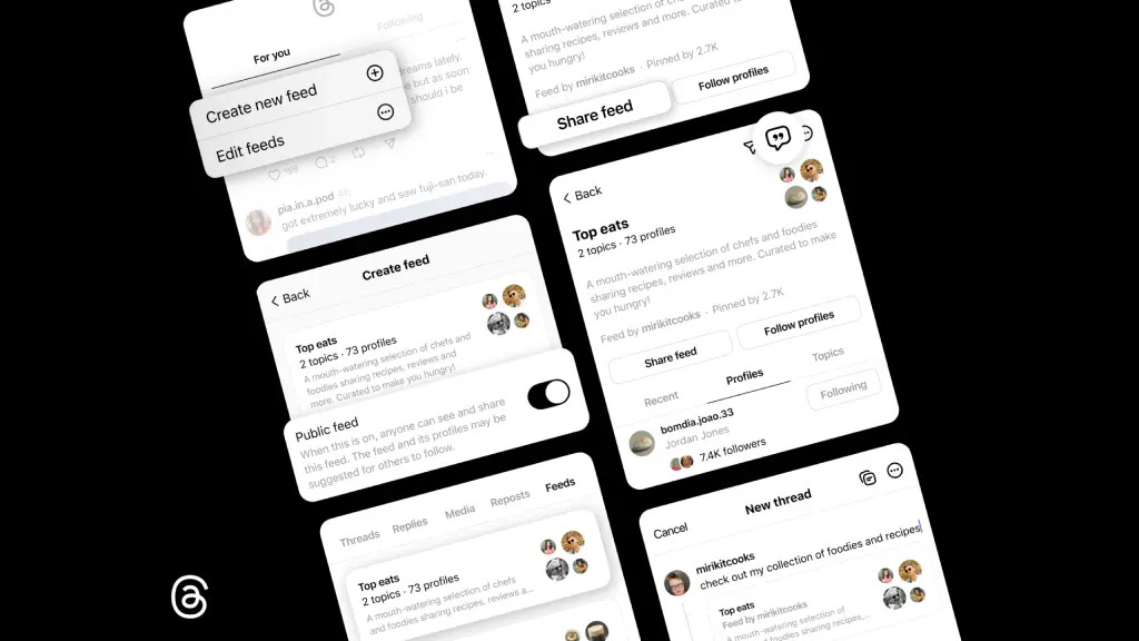 Interface dos feeds personalizados do Threads com opções de compartilhamento.