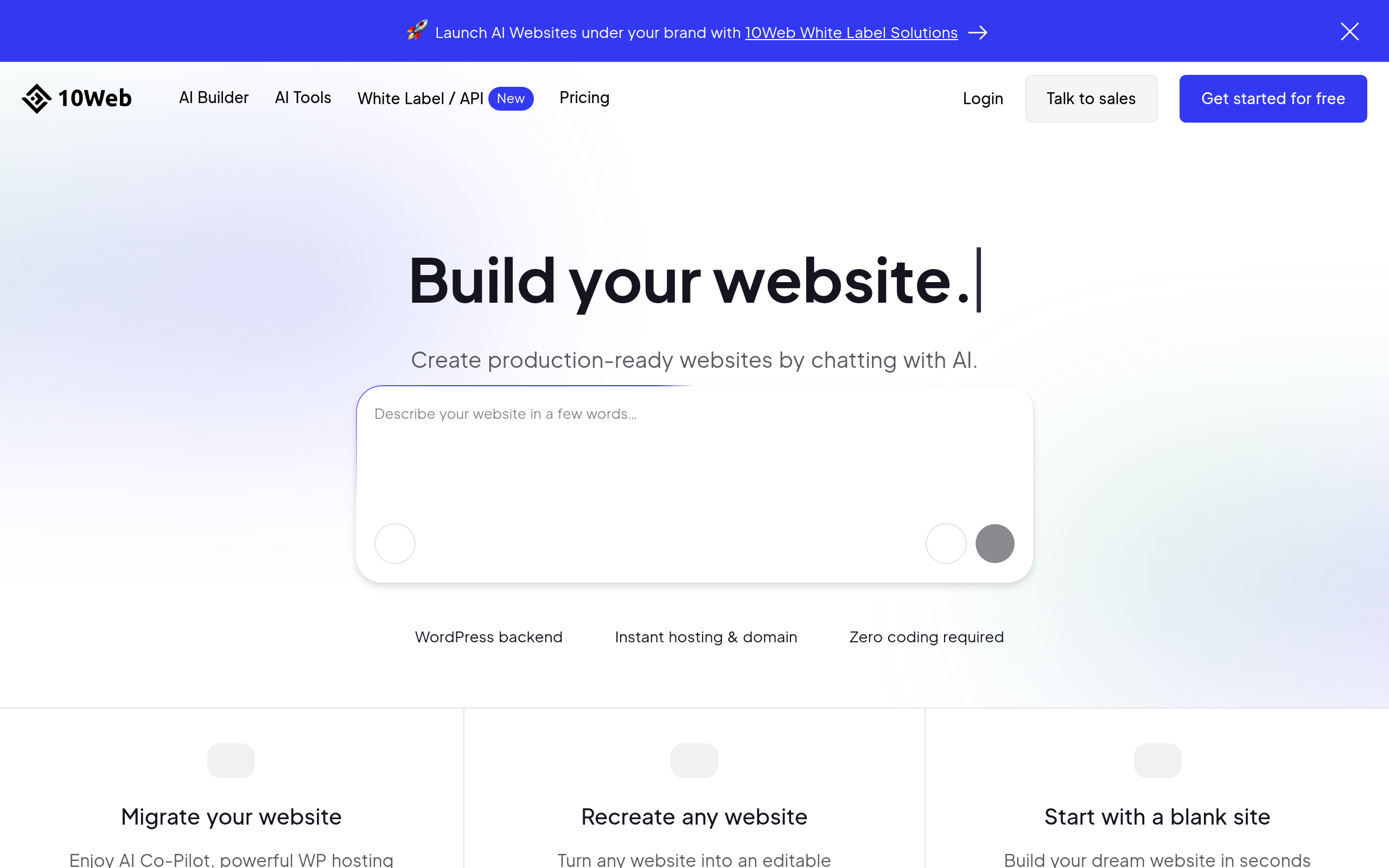 Página inicial do 10Web