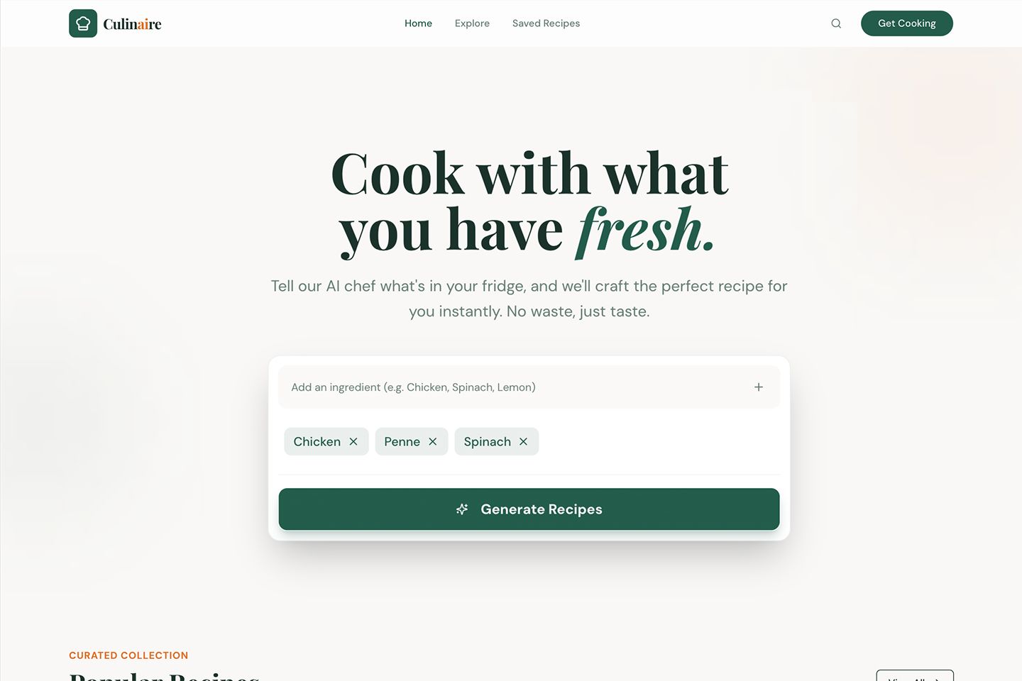 Página inicial do Culinaire: encontre receitas usando os ingredientes que você tem em casa.
