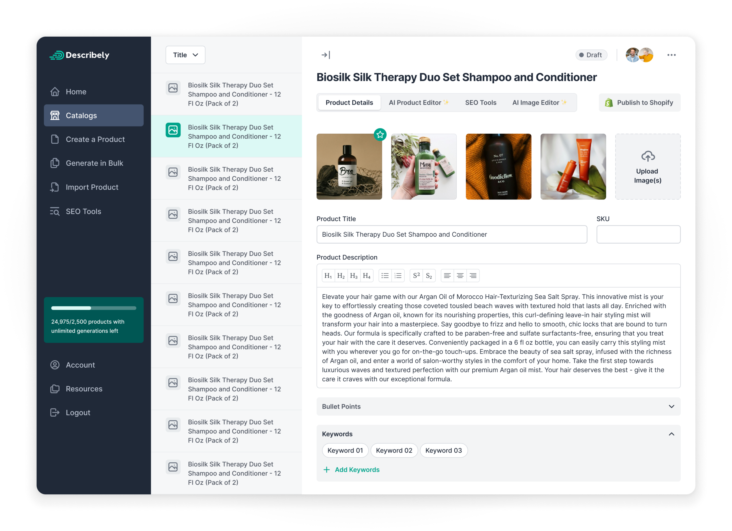 Painel de edição de produto no Describely: título, descrição, imagens e SEO.