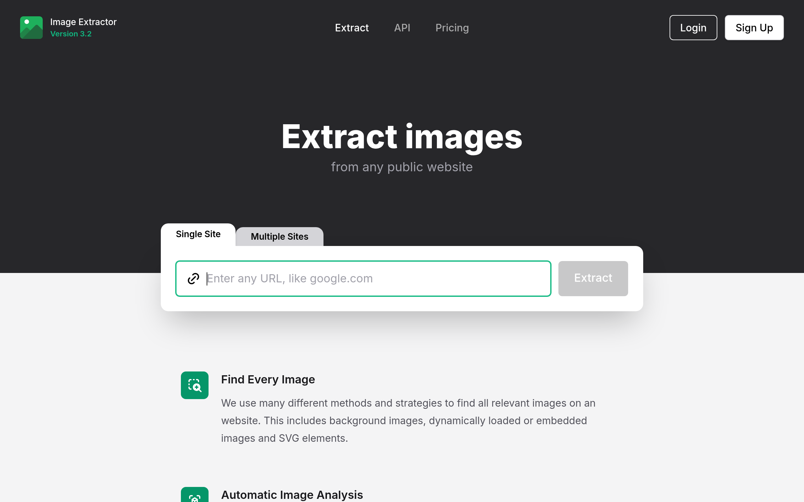 Página inicial do Extract Pics — extração de imagens de websites