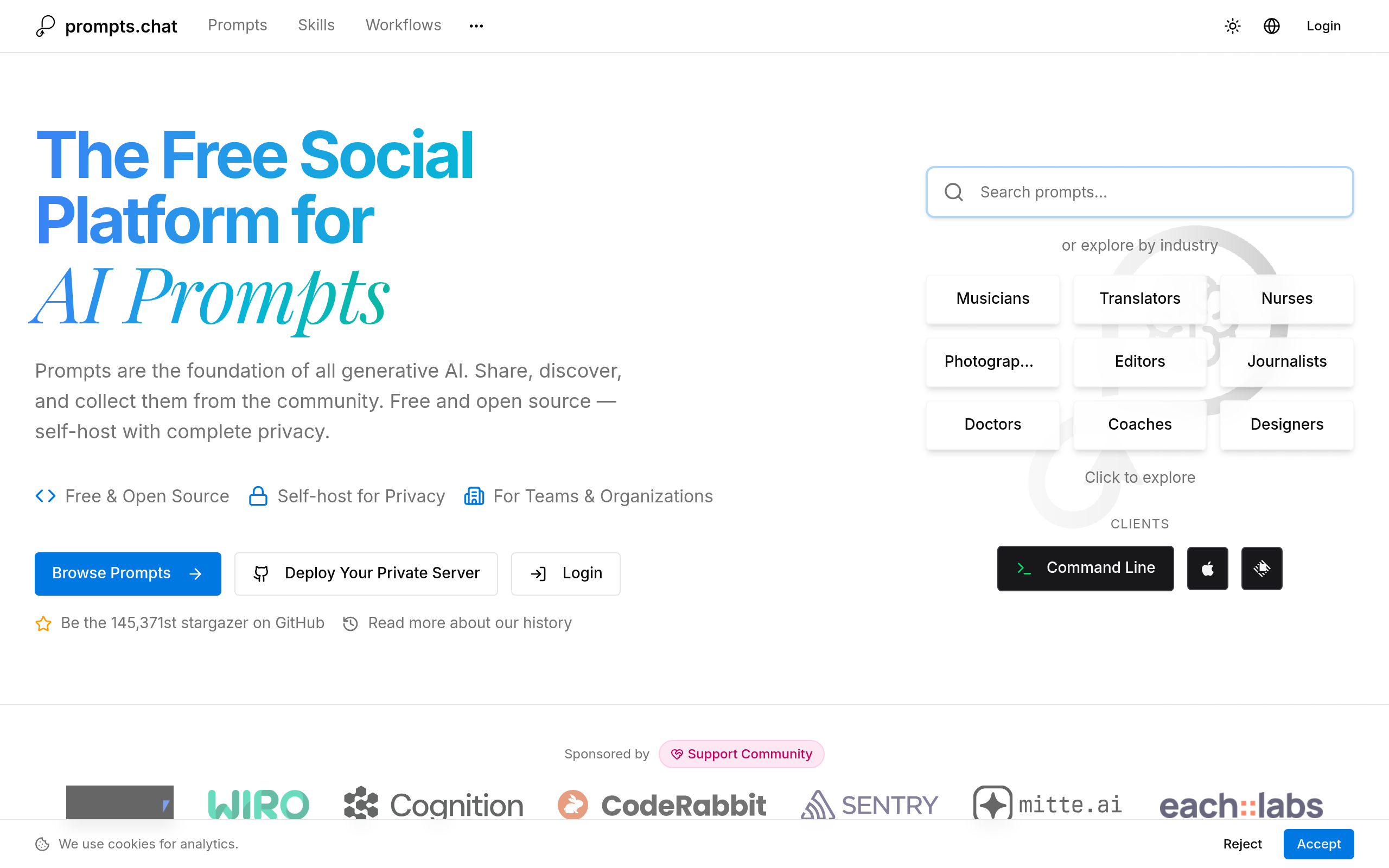 Página inicial do Prompts Chat — biblioteca de prompts para ChatGPT