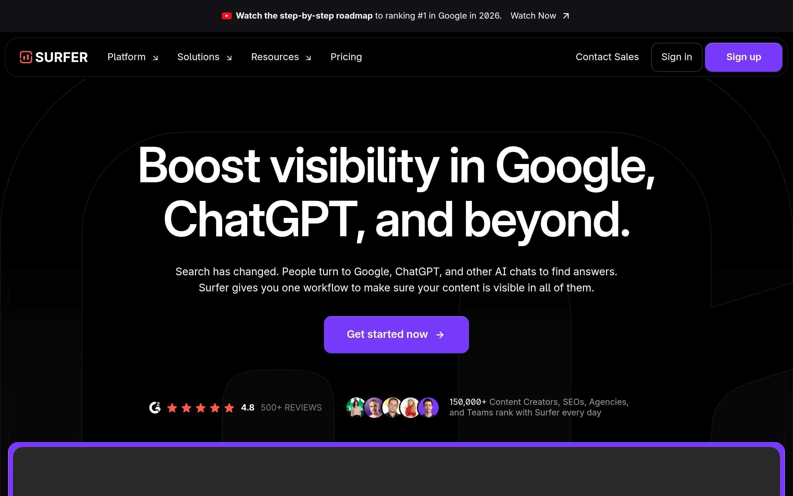 Página inicial do Surfer SEO