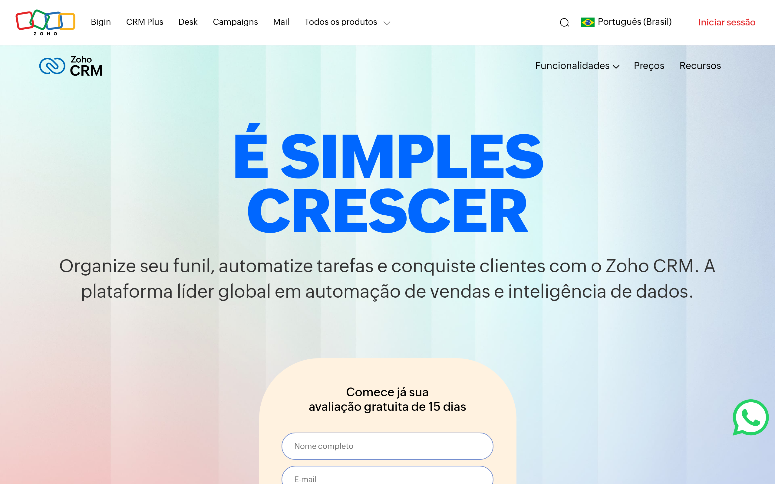Página inicial do Zoho CRM
