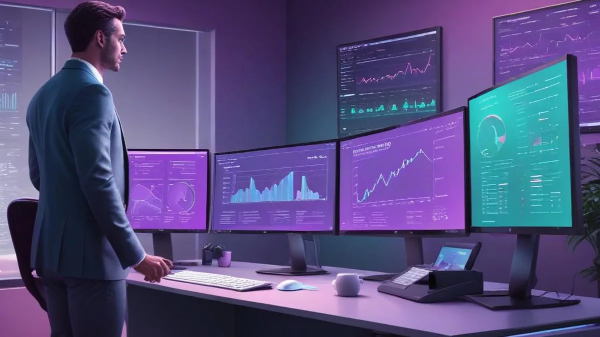 Profissional comparando dashboards de softwares B2B no Portal Software