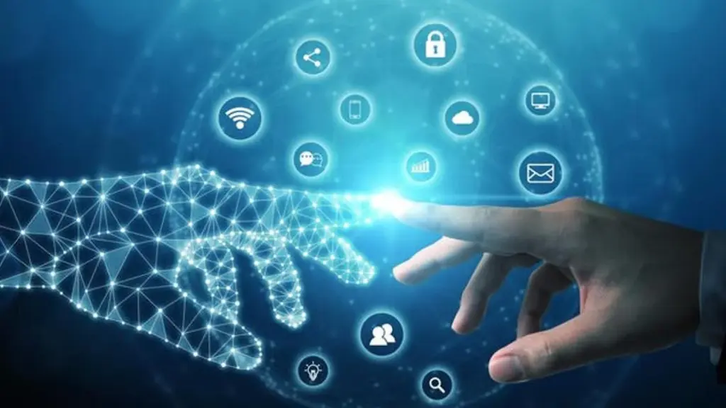 Representação da IA com um holograma de mão tocando uma mão humana, simbolizando tecnologia e interação.