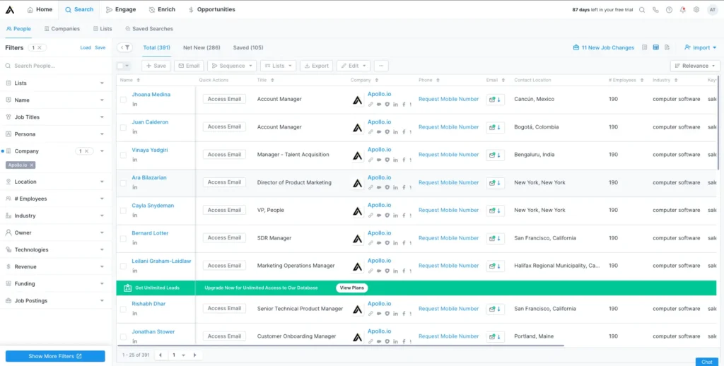 conheça a interface do apollo.io
