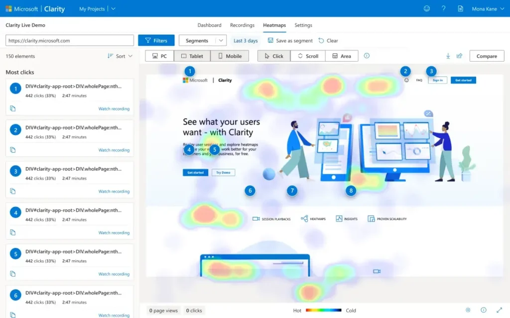 Microsoft Clarity - Demonstração ao vivo do mapa de calor