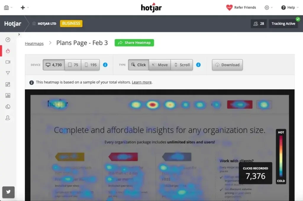 Gravação do Comportamento do Usuário na Página de Planos da Hotjar