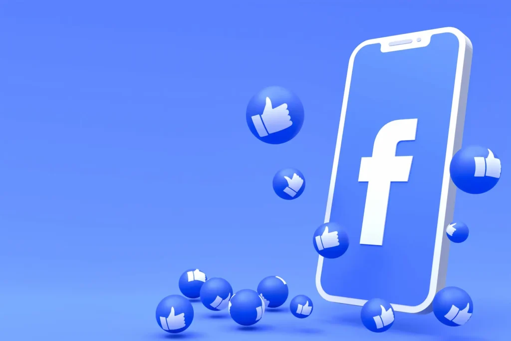 "Celular azul com logotipo do Facebook, cercado por pontos azuis, para capturar clientes