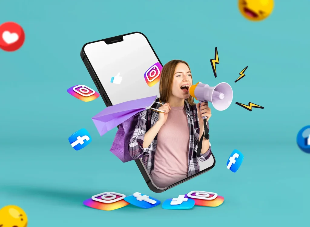 Mulher usando smartphone com aplicativos de mídia social para capturar clientes