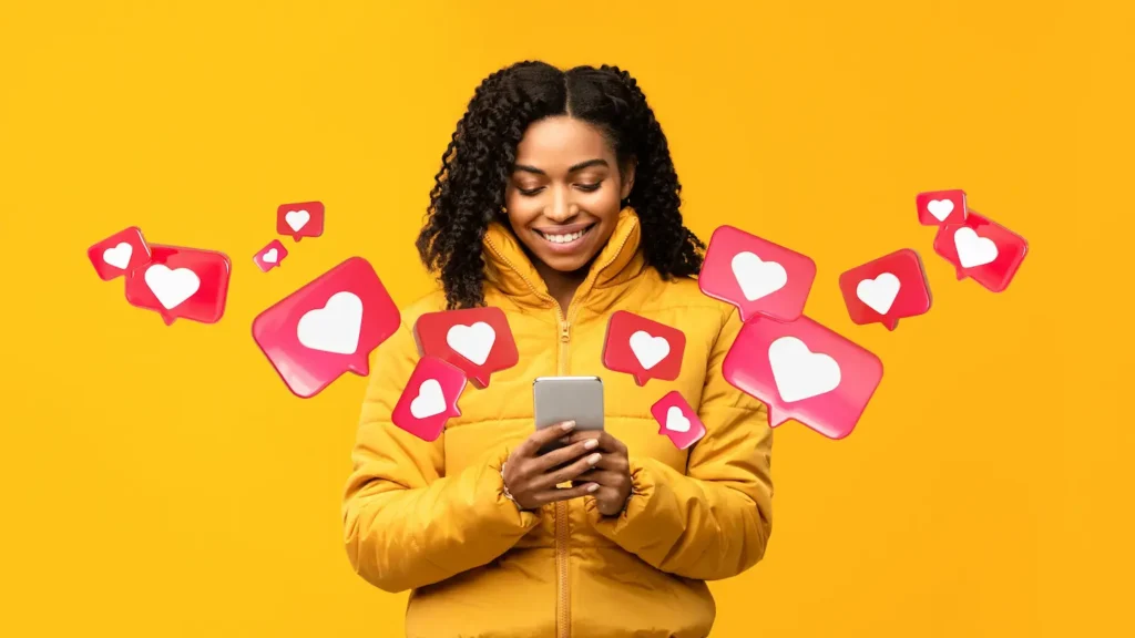 Mulher recebendo vários likes e aumentando o engajamento em seu perfil do Instagram.