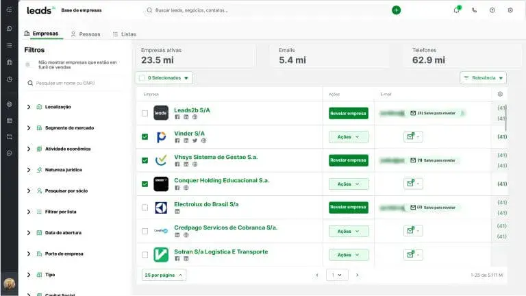 Leads2b plataforma para empresas CNPJ gerando lista de leads com filtros avançados.