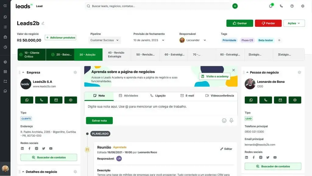 Leads2b plataforma para empresas CNPJ exibindo funil de vendas com leads em diferentes etapas.
