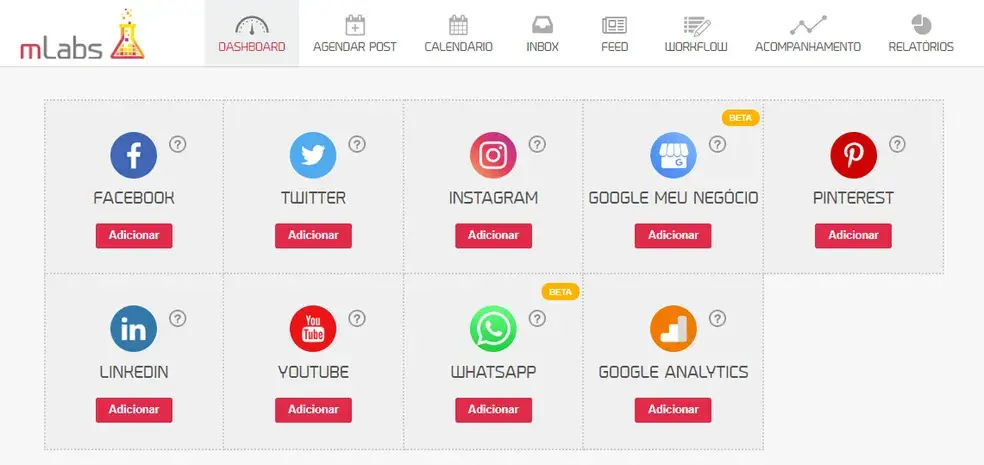 Tela de computador mostrando o painel de controle da mLabs com gráficos e dados de análise de redes sociais, incluindo Instagram.