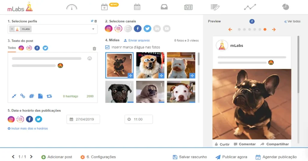 Tela de computador mostrando o painel de controle da mLabs com gráficos e dados de análise de engajamento do Instagram, incluindo o tipo de conteúdo publicado (fotos, vídeos, stories, reels e lives).