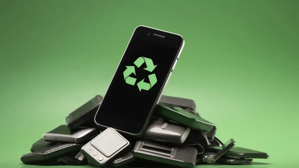 Montanha de eletrônicos danificados, incluindo celular com símbolo de reciclagem, enfatiza lixo eletrônico.