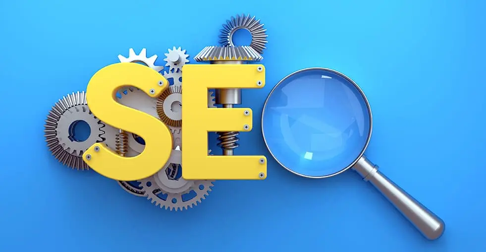 Ilustração de SEO com engrenagens e lupa representando a otimização de sites para empresas de software.