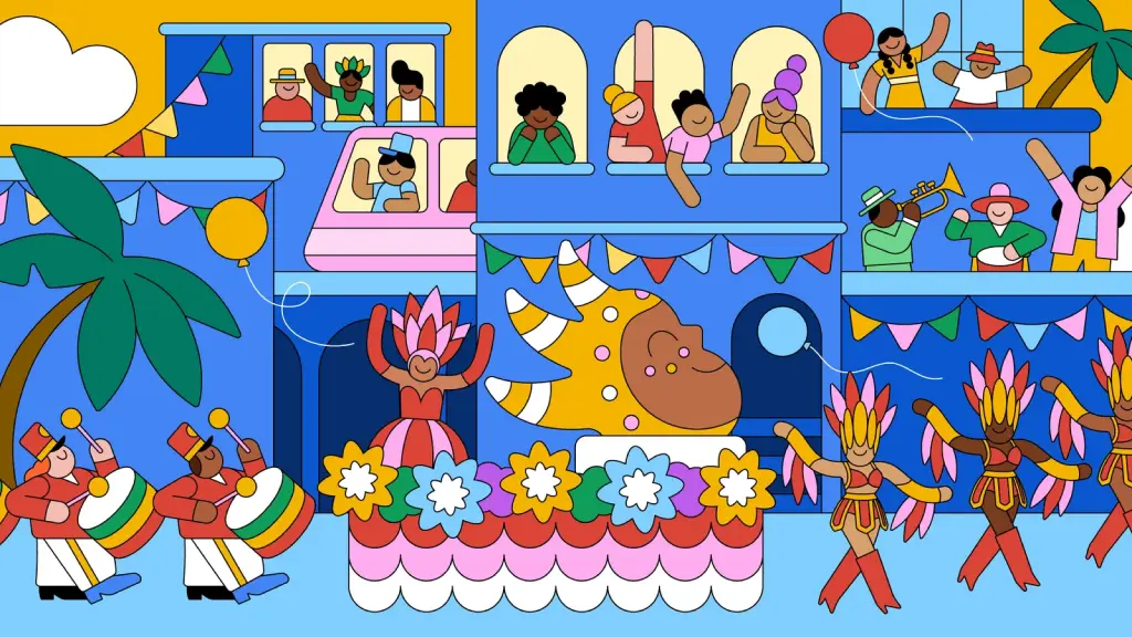 Ilustração do Google sobre Carnaval com elementos festivos e inteligência artificial.