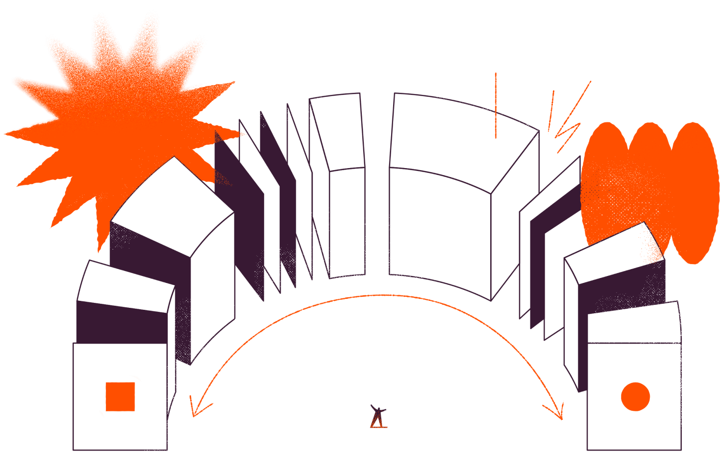 Ilustração abstrata do Zapier mostrando integração de dados com elementos geométricos e figura humana.