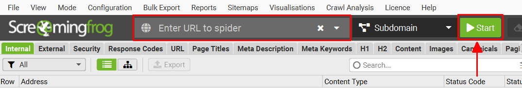 Interface do Screaming Frog SEO Spider iniciando uma análise de site