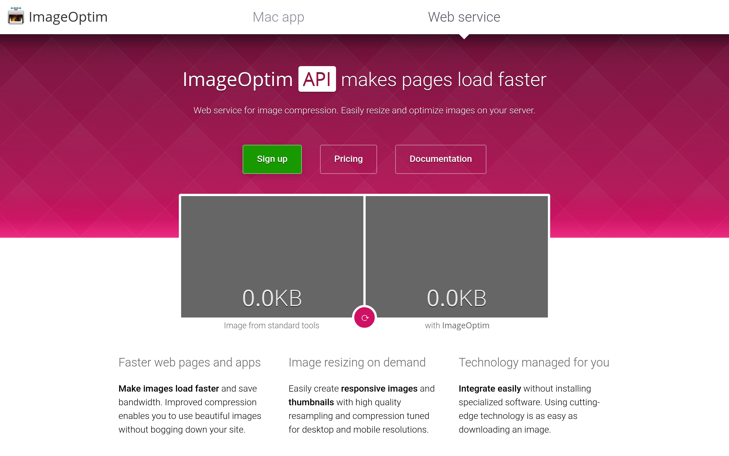 Página inicial do ImageOptim — otimização de imagens