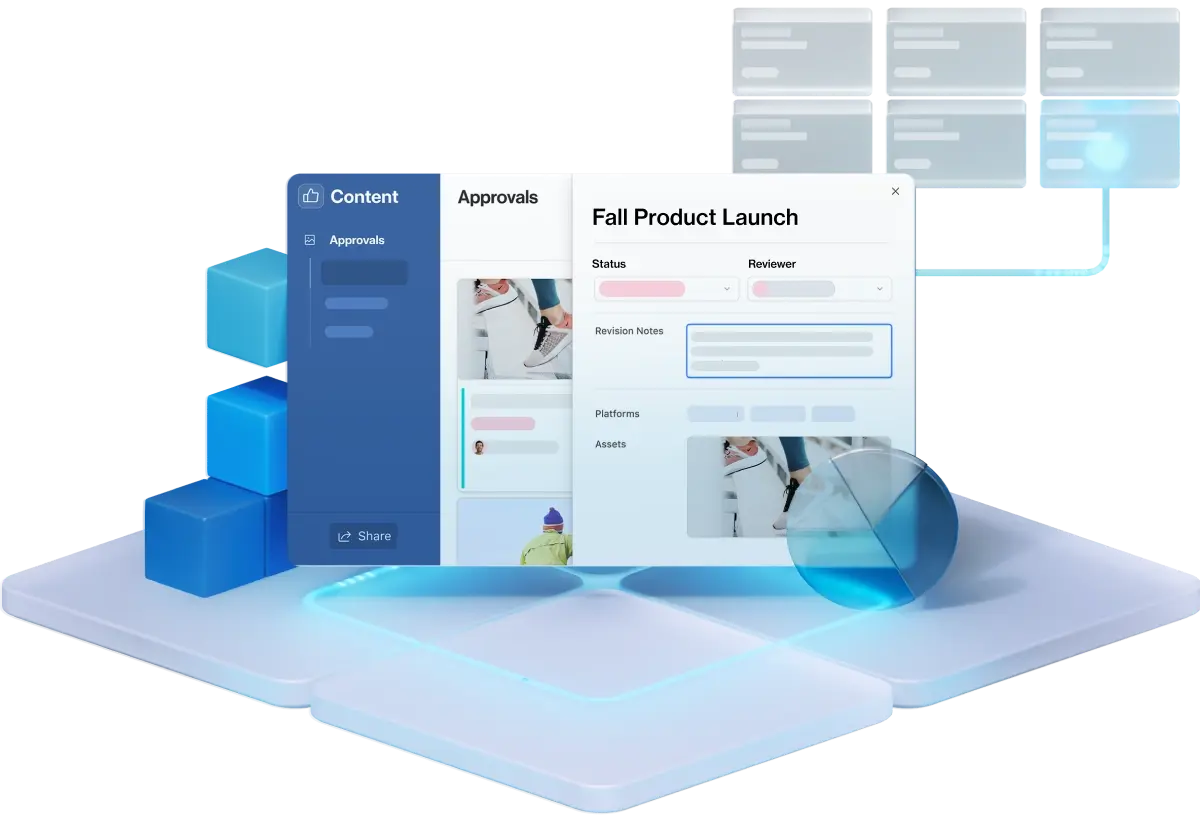 Interface Airtable: fluxo de aprovação de conteúdo para lançamento de produto. Status, revisor e notas de revisão.