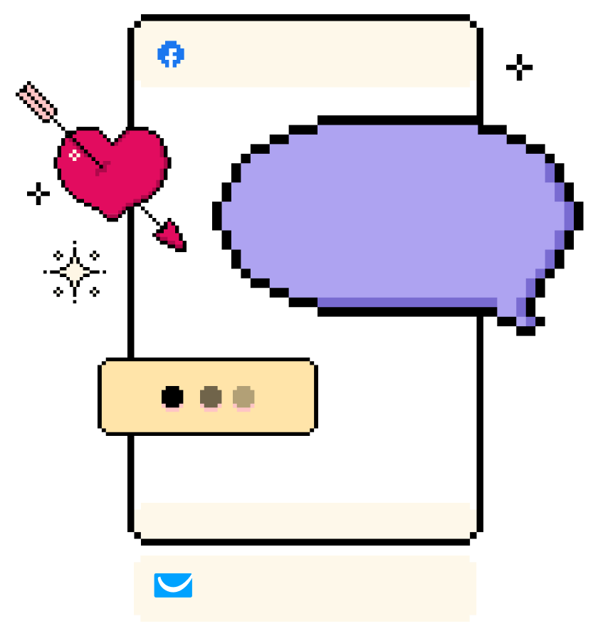 Ilustração pixelizada de tela de celular com elementos de mensagem e coração, representando comunicação digital com GetResponse.