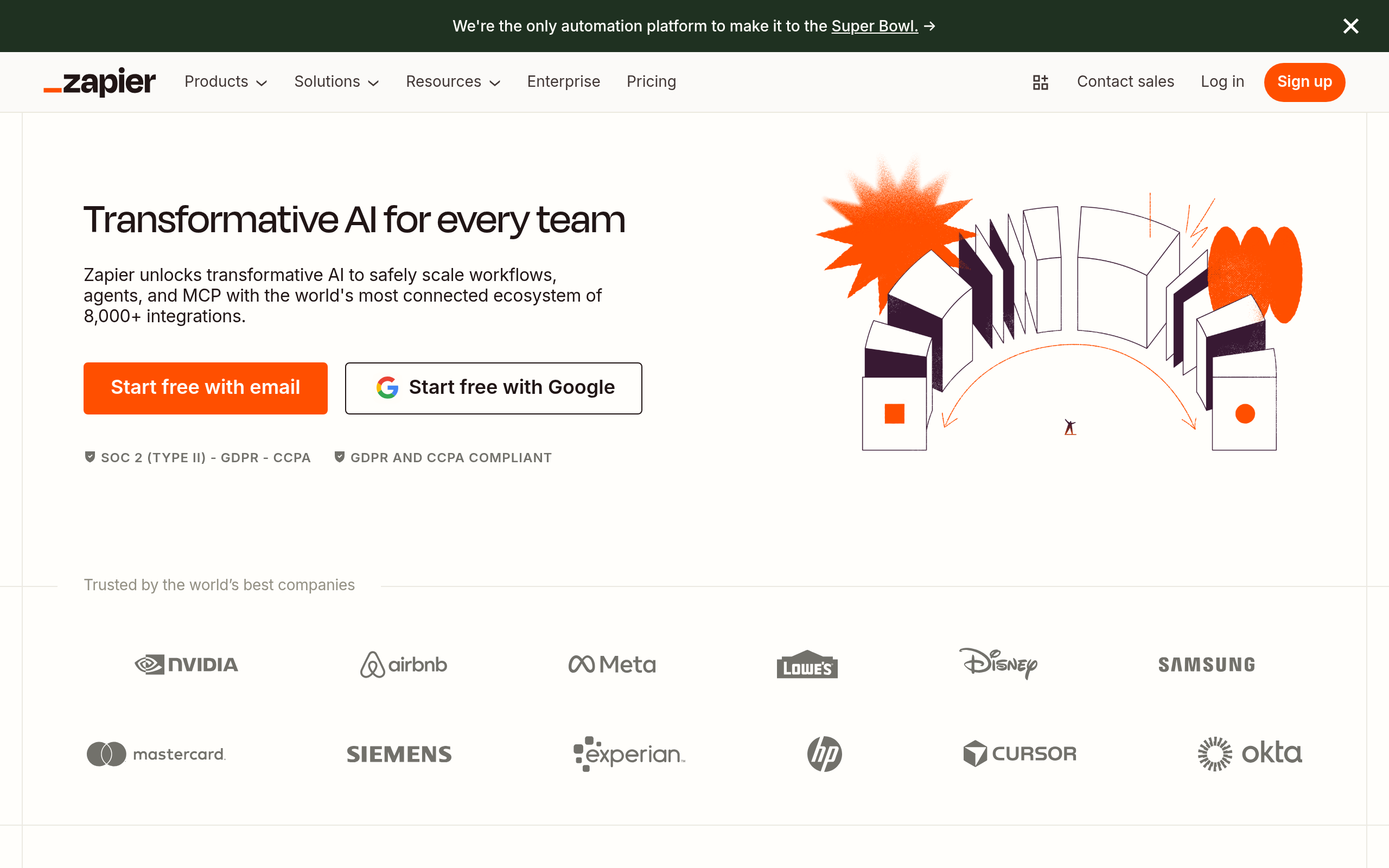 Página inicial do Zapier — automação de fluxos de trabalho