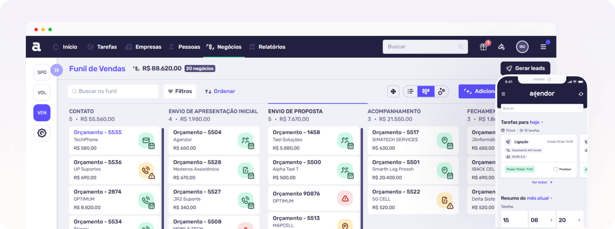 Painel do Agendor CRM mostrando funil de vendas B2B integrado ao ERP